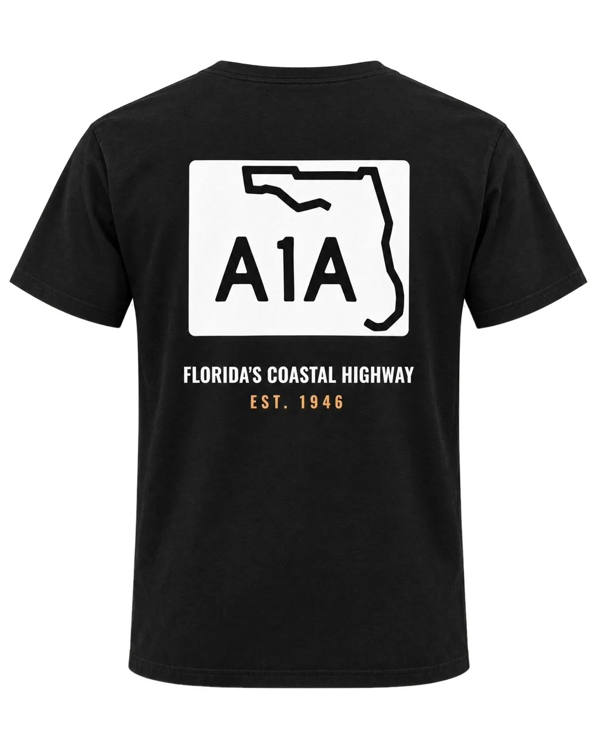 Black A1A Coastal Highway Tee, back print with a large A1A highway sign