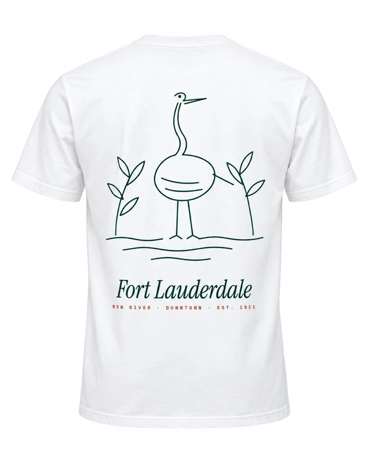 White New River Heron Tee, back print with a line-drawn heron and Fort Lauderdale lettering