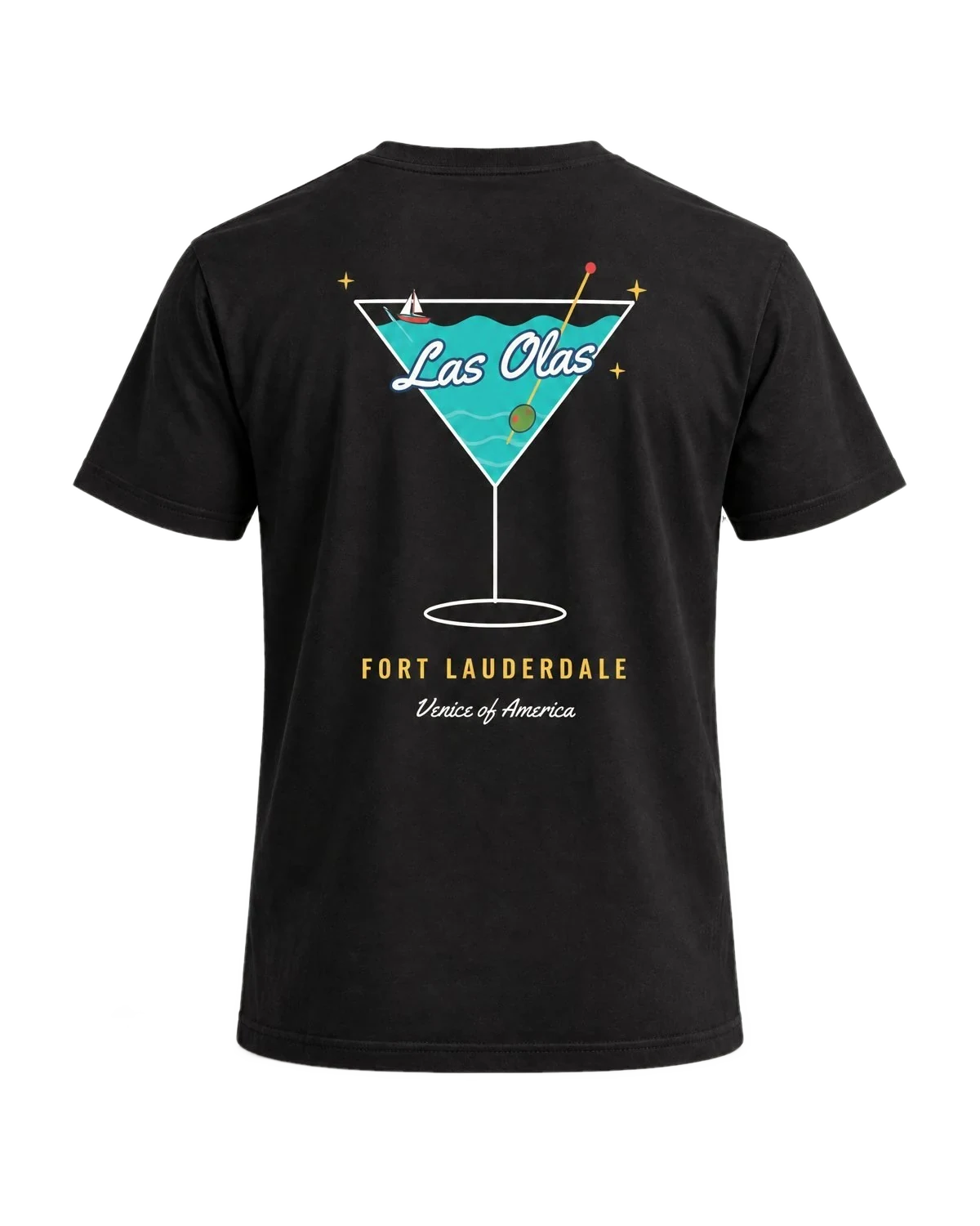 Black Las Olas Martini Tee, back print with a martini glass and Fort Lauderdale lettering