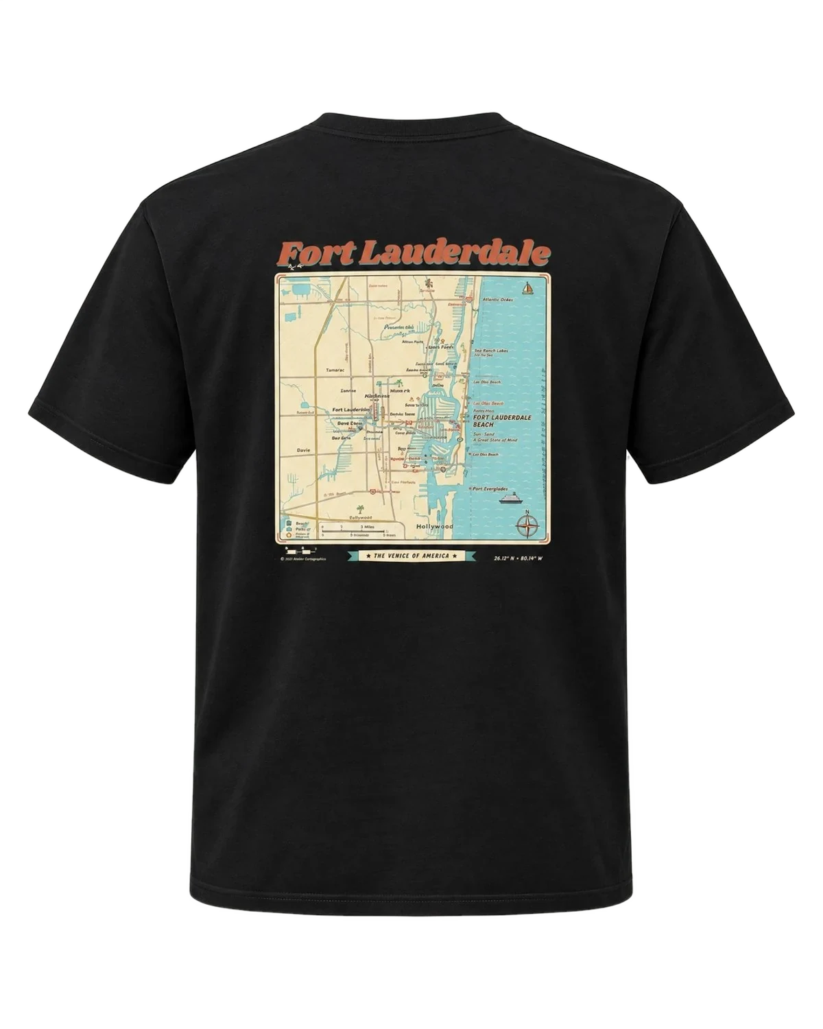 Black Fort Lauderdale Map Tee, back print with a vintage-style map of Fort Lauderdale