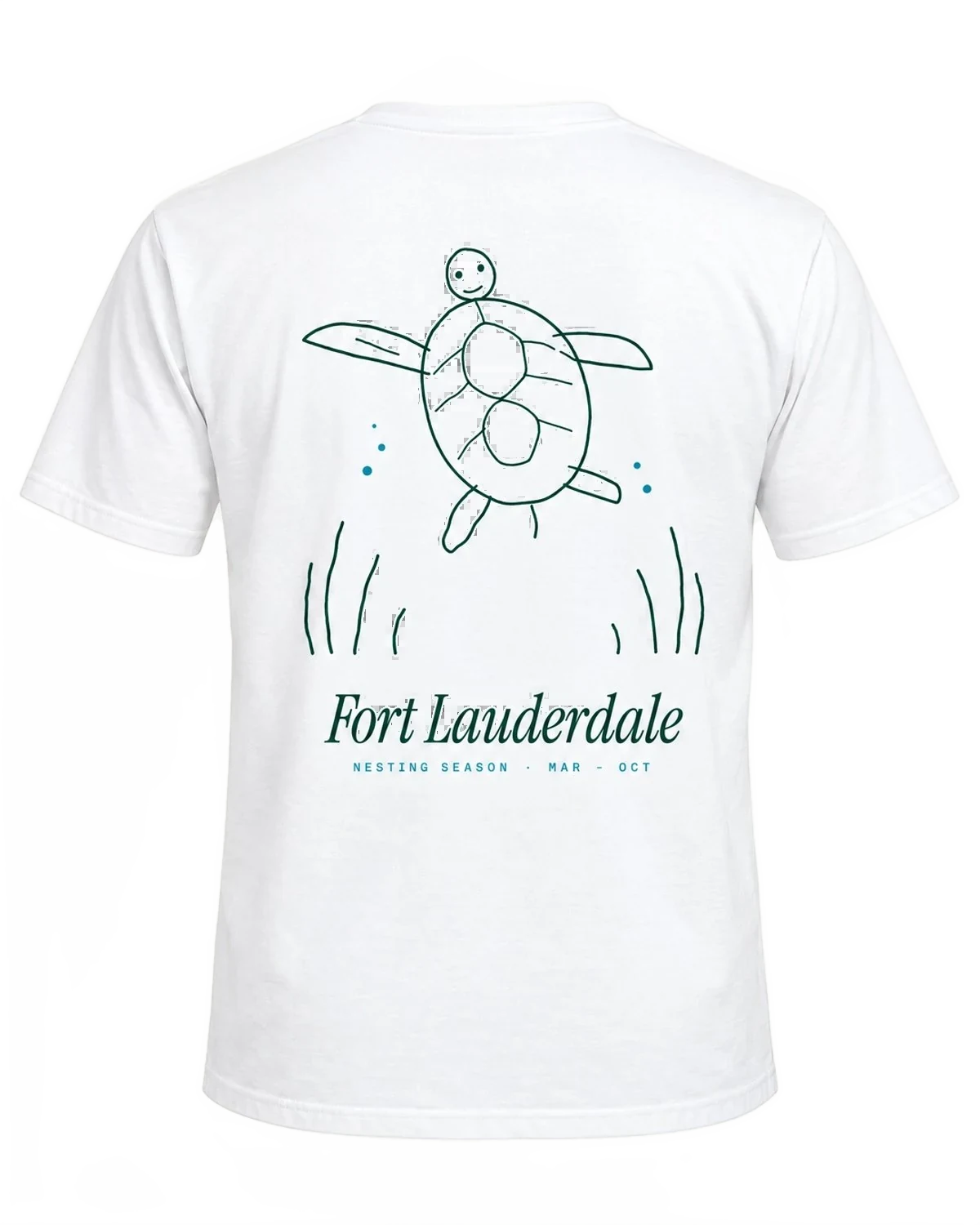 White Nesting Season Tee, back print with a hand-drawn sea turtle and Fort Lauderdale lettering